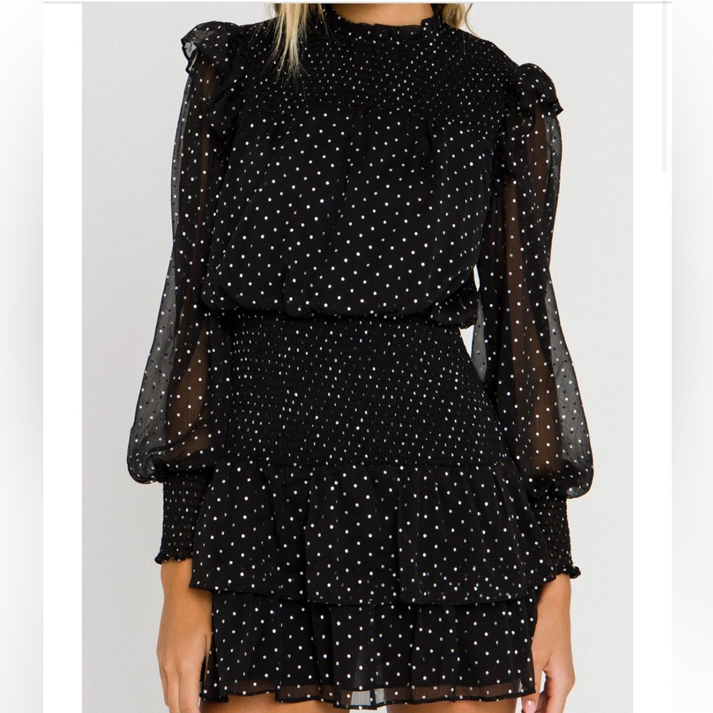 Vici x Gina Black Sheer Polka Dot Chiffon Smocked Ruffle Long Sleeve Mini Dress - Picture 2 of 12
